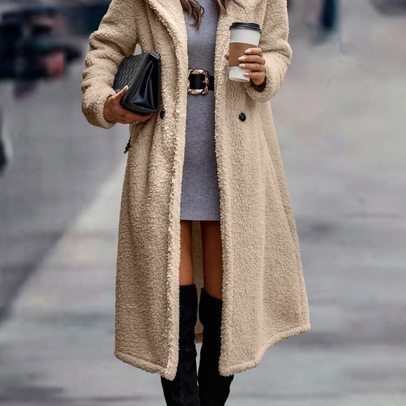 Beige Casual womens Double Button Hooded Flannel Coat - Picture 5 of 5